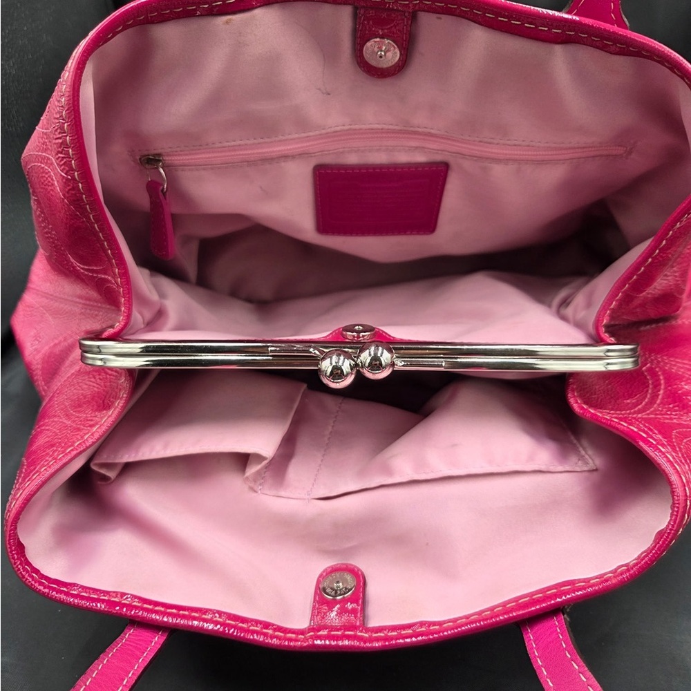 Coach Pink Leather Kisslock Tote Bag - Picture 8 of 11